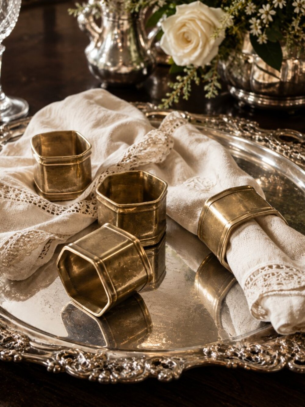 Set of 4 Vintage Brass Hexagonal Napkin Rings